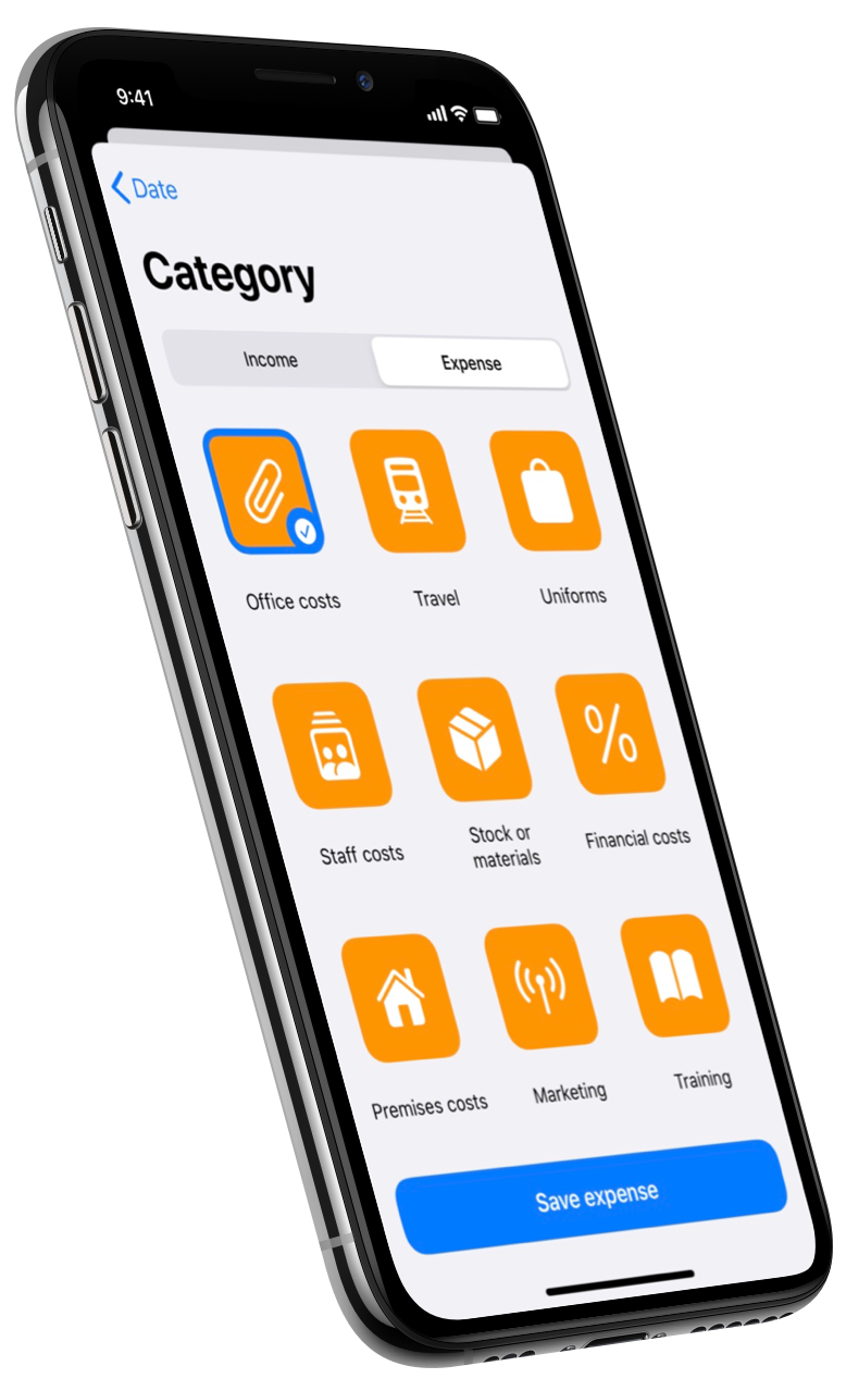 iPhone showing a list of different expense categories with 'Office costs' selected