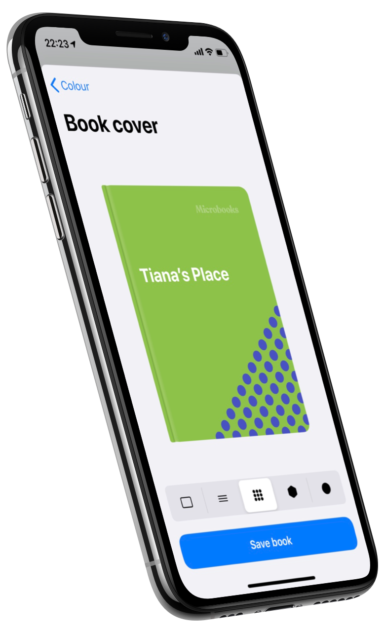 iPhone showing someone creating a colorful book cover with the business name 'Tiana's Place' in the middle