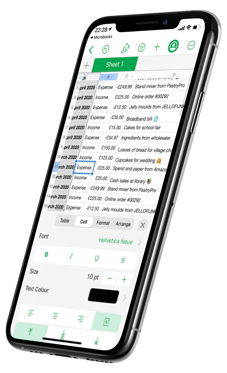 iPhone showing a spreadsheet of many transactions, both income and expenses