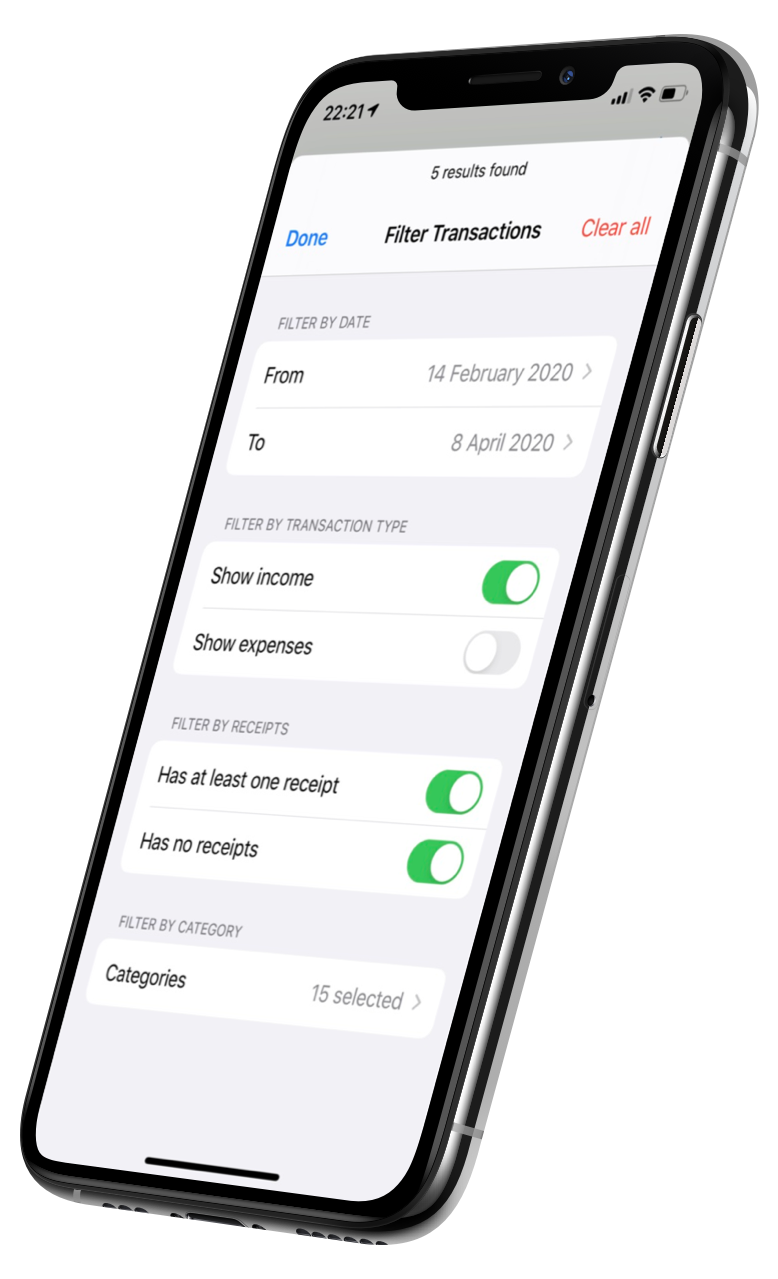 iPhone showing someone filtering a list of transactions by date, type and whether they have a receipt or not