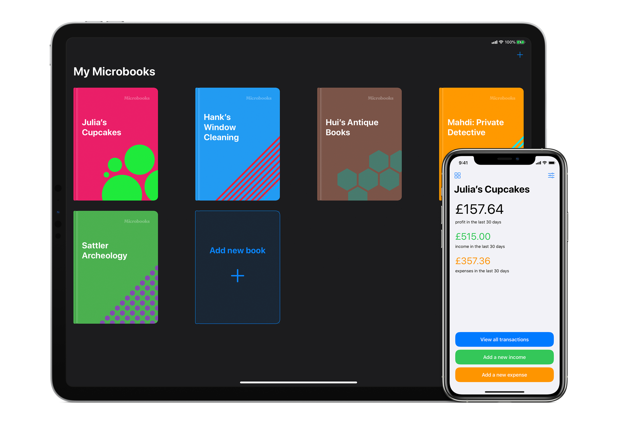 iPad and iPhone showing a series of colorful books and a summary of profit and loss and expenses