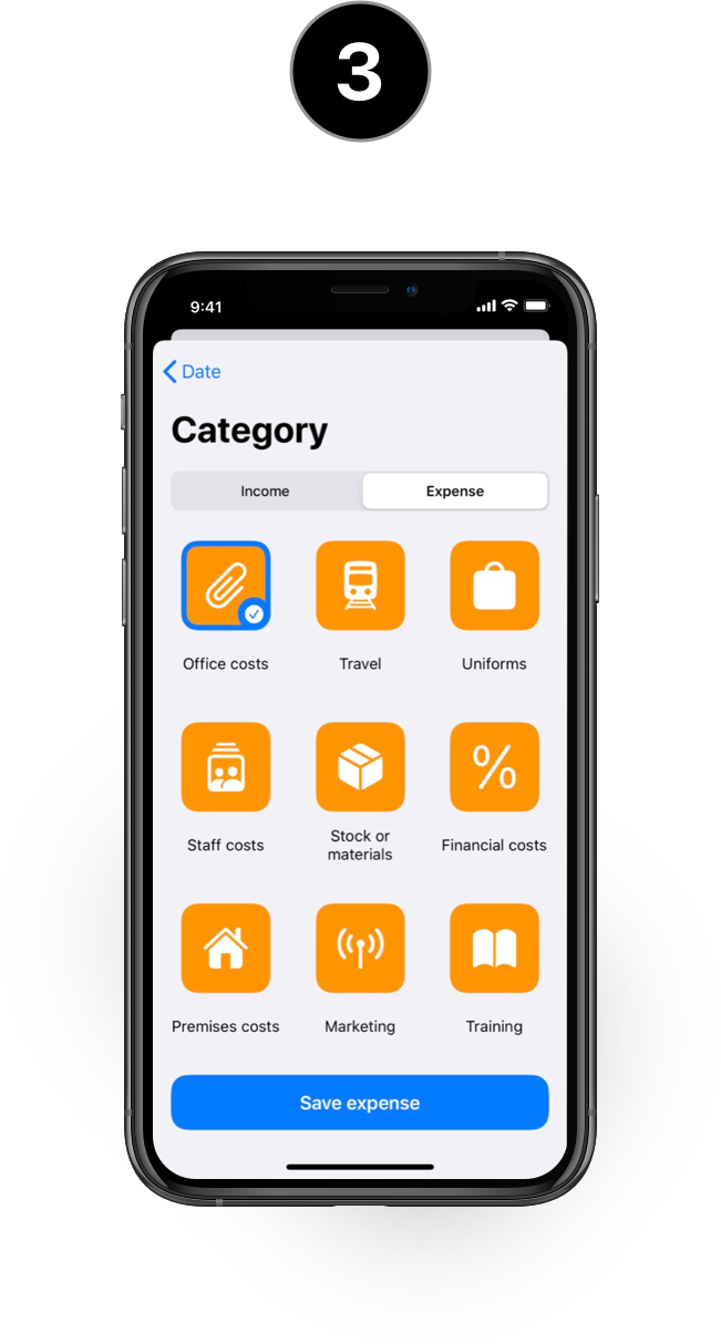 iPhone showing a list of different expense categories, 'Office costs' is selected